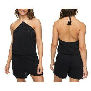 ROXY Round Rock Romper Sz M Black Embroidery Halter Neck Tassel Lace Trim Cotton